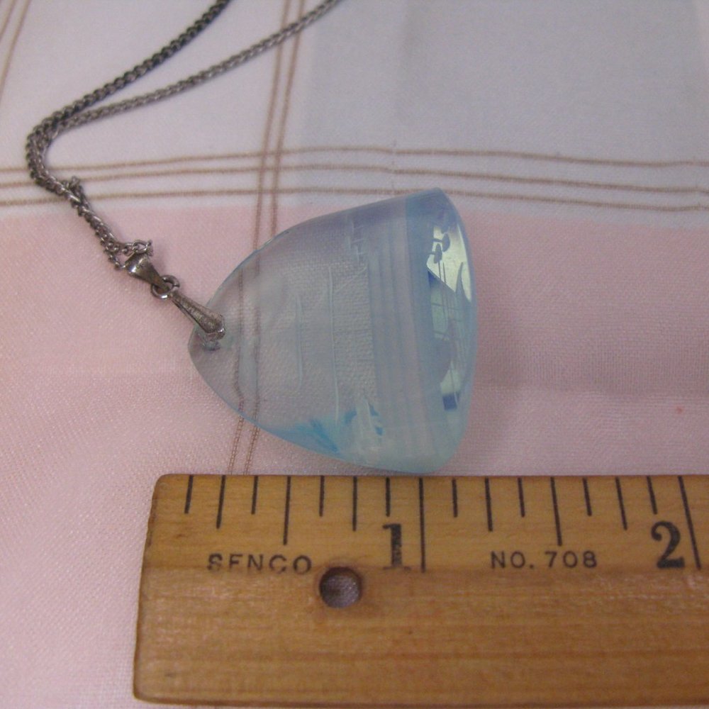 Vintage Moonstone Glass Reverse Carved Pendant Sterling Silver Necklace Japan - Picture 6 of 8